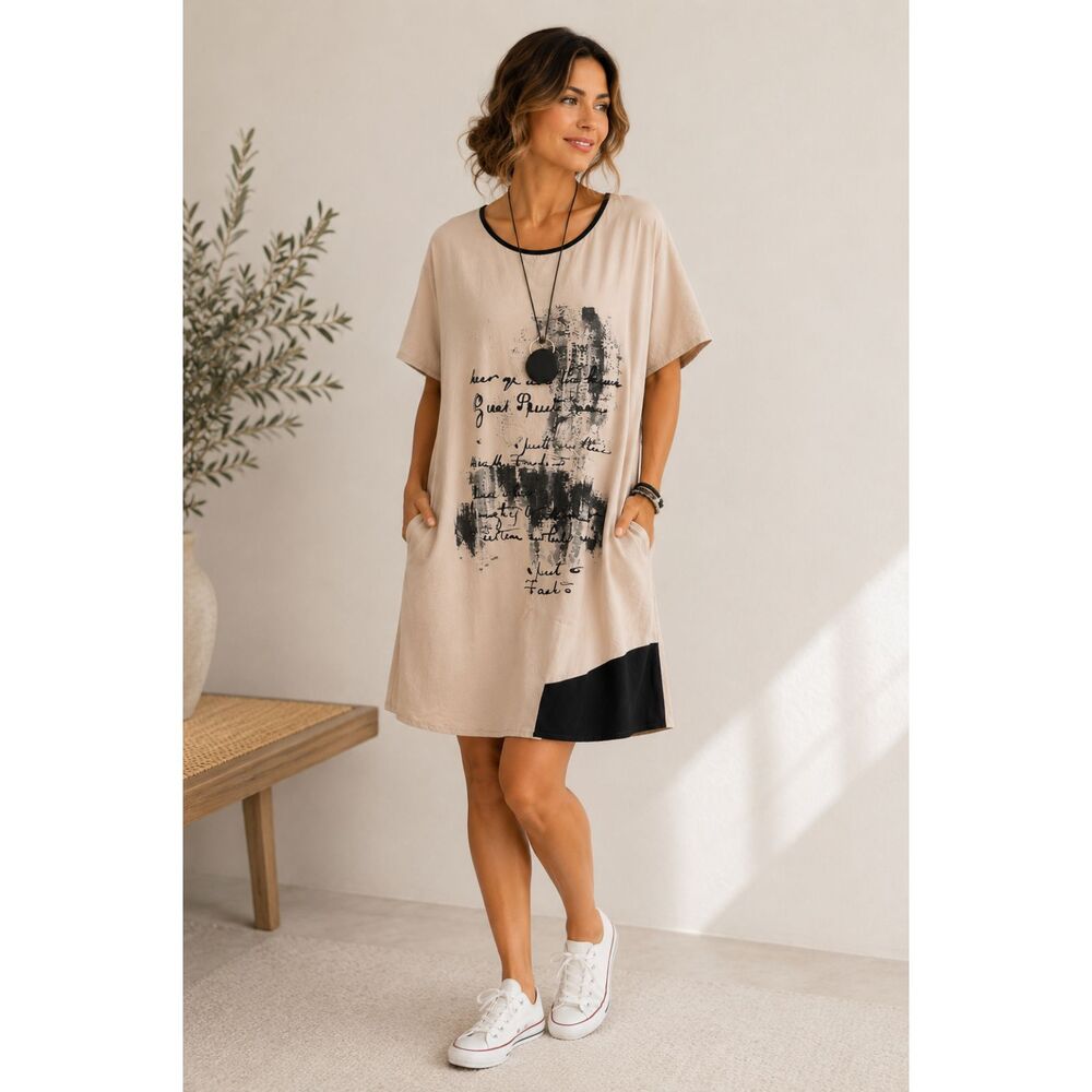 Womens Oversized Tunic Dress Beige Black Lagenlook Artsy Boho Artwear Pocket